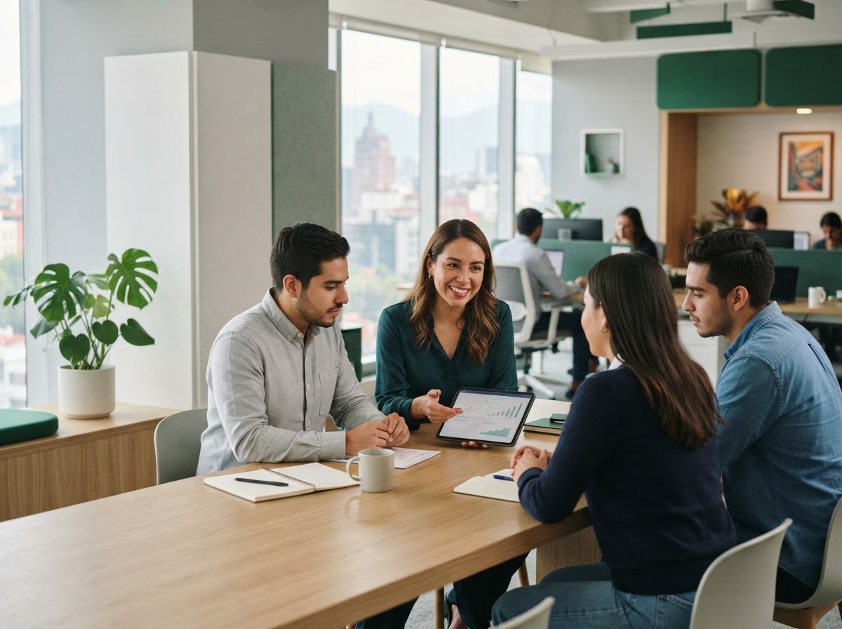 Vértice Ahorravena: equipo analizando parámetros de riesgo y modelos predictivos en un entorno de trabajo financiero
